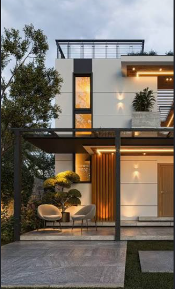 VitaStyle exterior design — modern villa facade with warm lighting and outdoor lounge